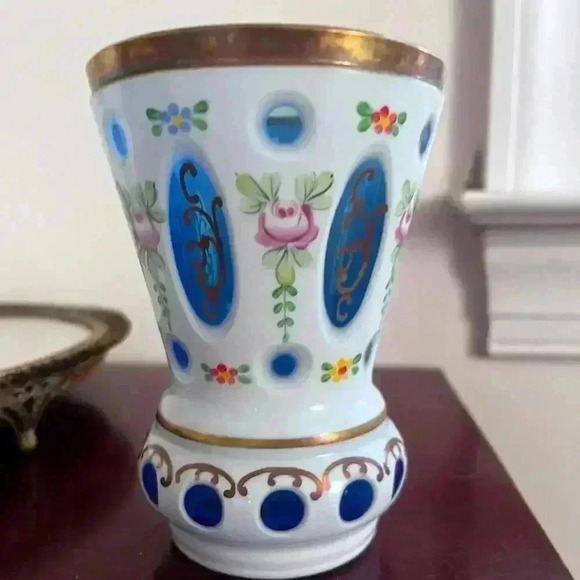 Bohemia Czech Table Vase white clear cut to blue glass design Pokal Goblet Vase - Picture 1 of 9